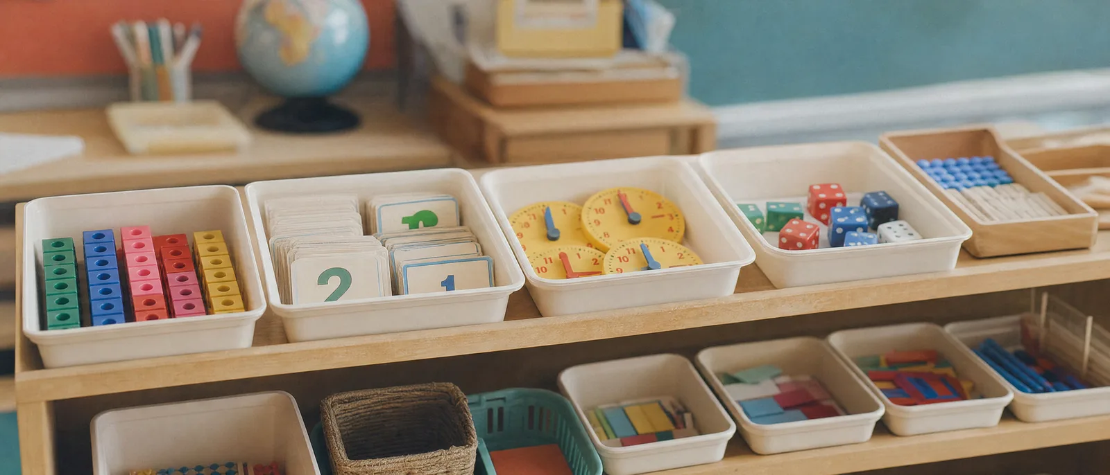 Des barquettes de matériel de mathématiques rangées sur une étagère de classe
