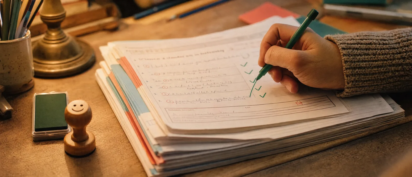 Une main corrige une pile de cahiers au stylo vert