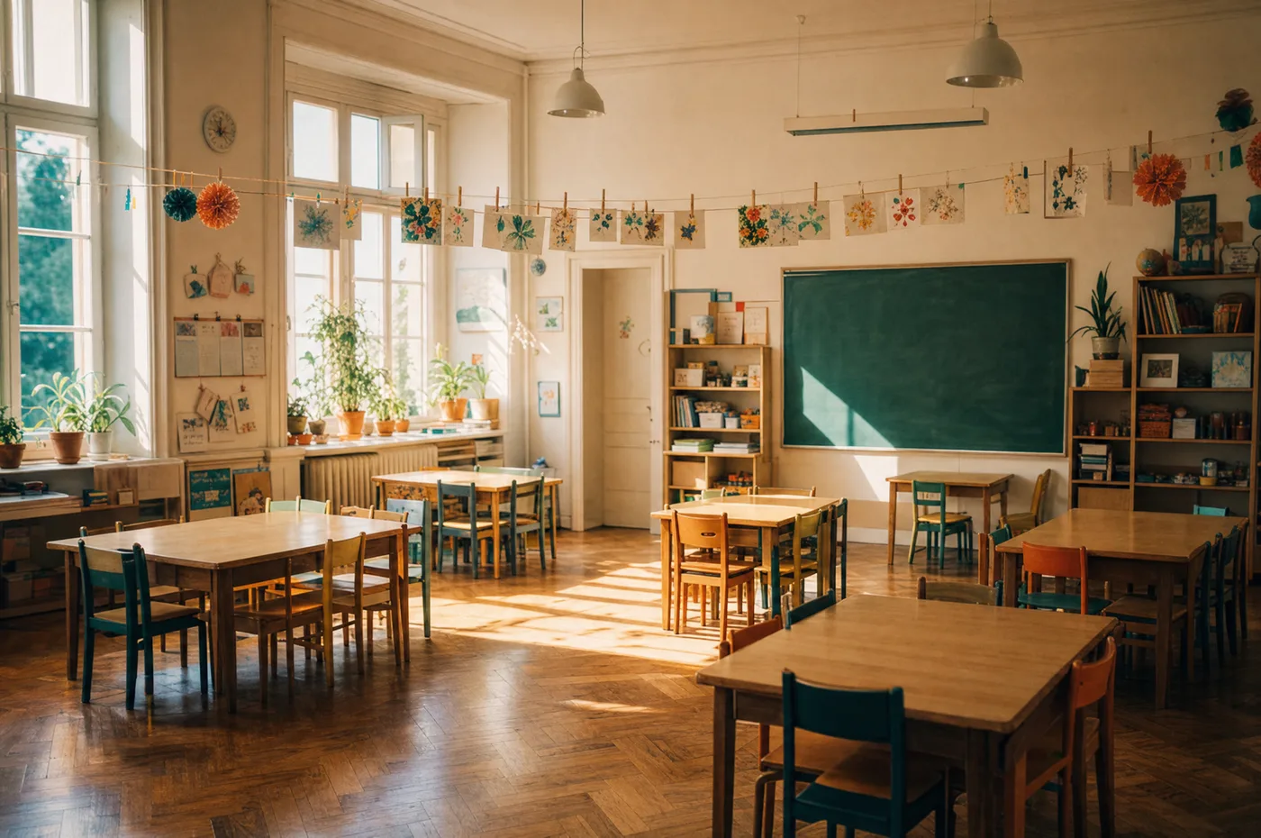 Une salle de classe lumineuse au petit matin, tables en îlots et guirlandes en papier