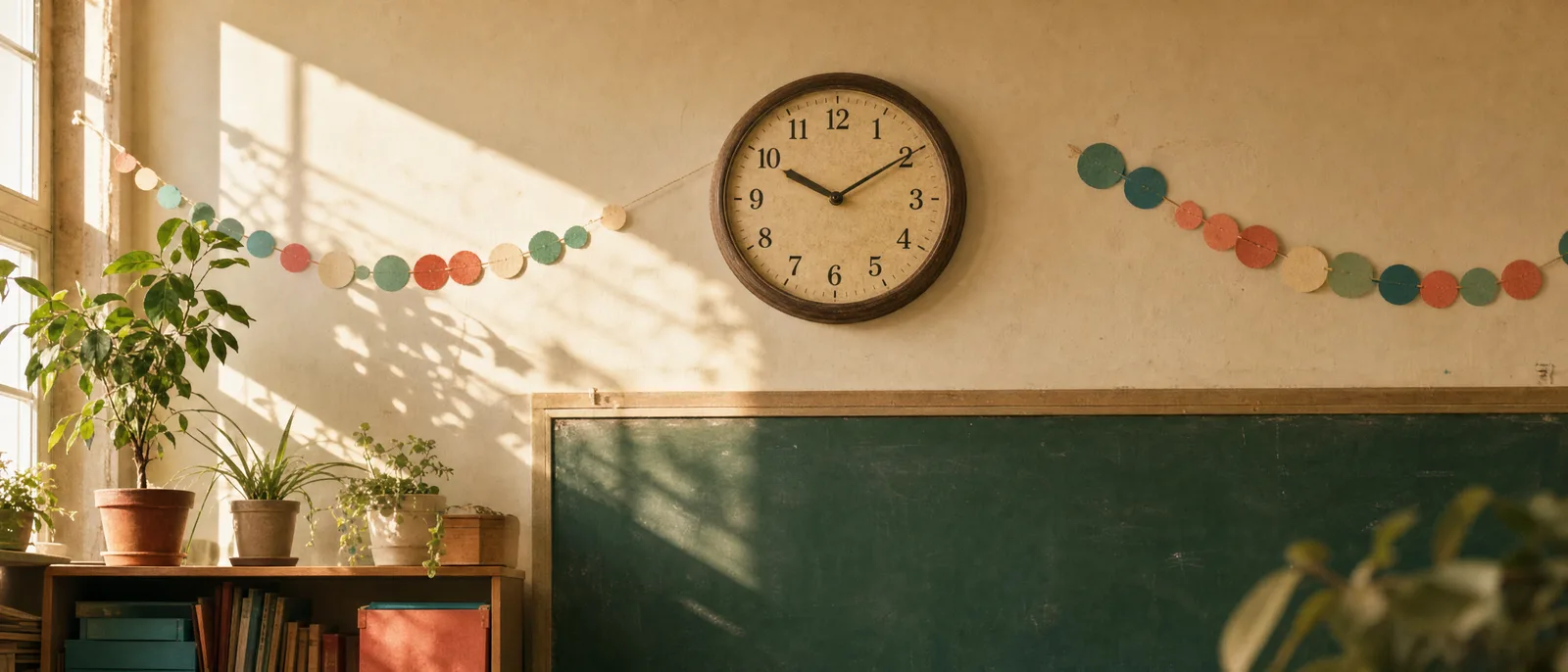 Une horloge de classe au-dessus d’un tableau vert, guirlande de papier