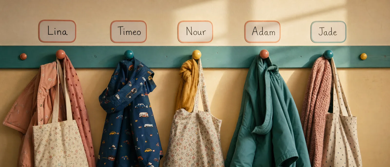 Des porte-manteaux d’école aux patères colorées, une étiquette de prénom au-dessus de chacun