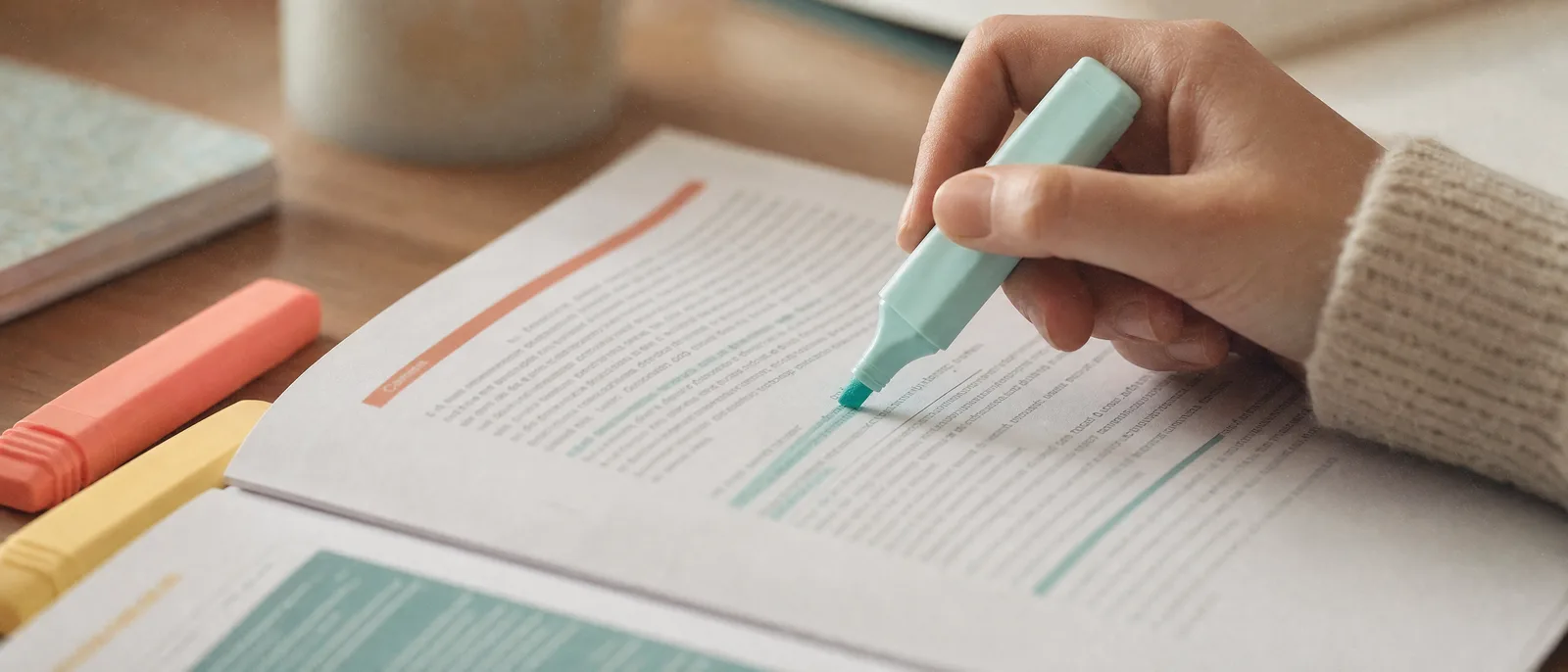 Une main surligne un texte de programme officiel