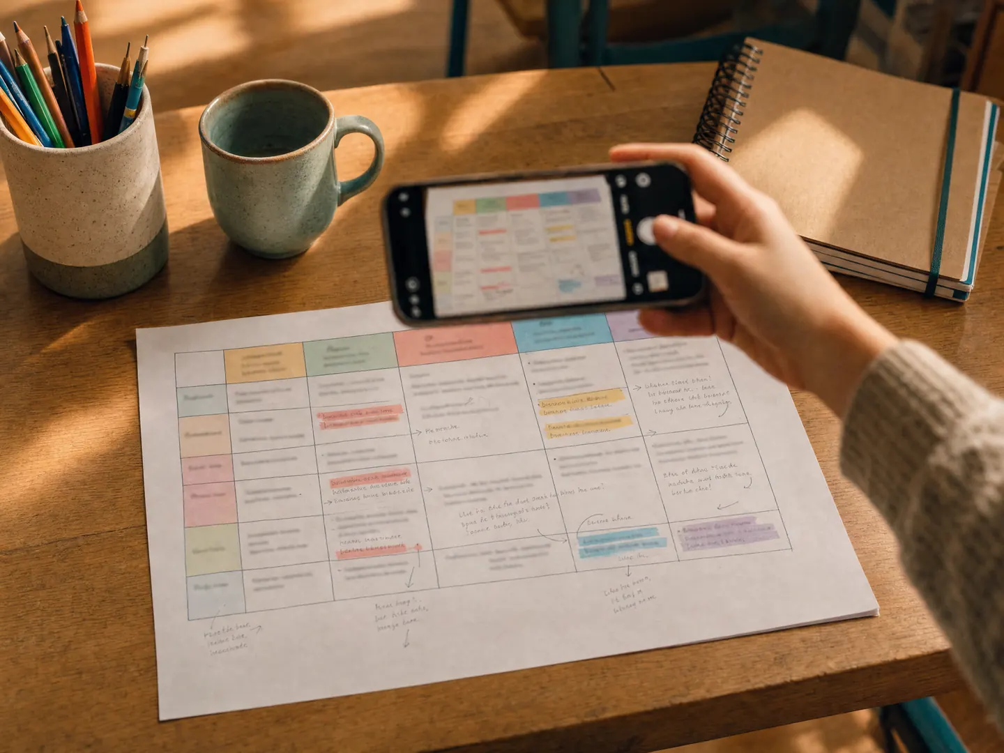 Une enseignante photographie sa progression papier avec son téléphone, sur son bureau
