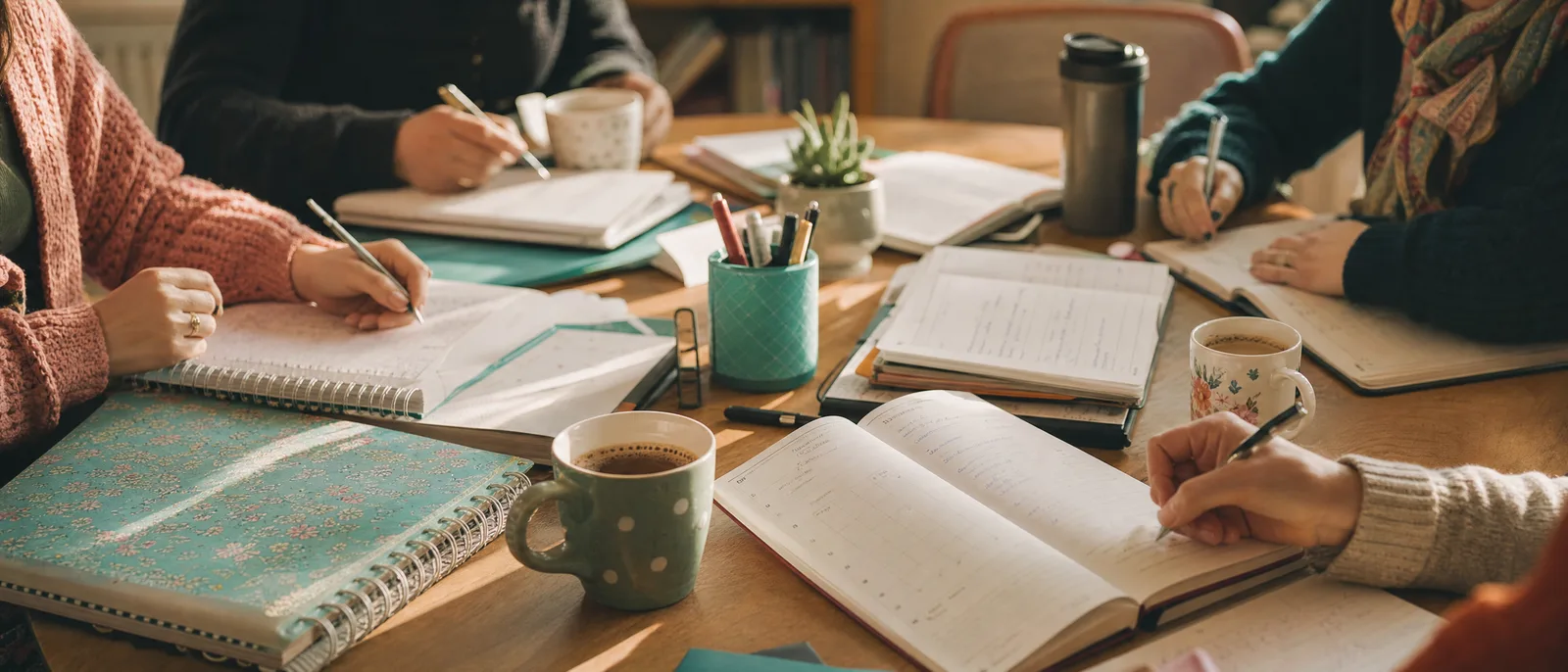 Des enseignants prennent des notes autour d’une table, tasses et carnets