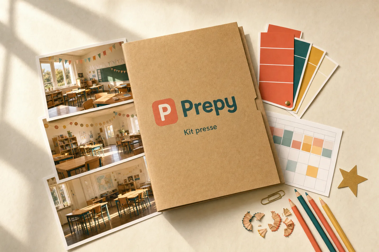 Une chemise kraft au logo Prepy, des photos de classe, un nuancier corail et sarcelle et des crayons de couleur