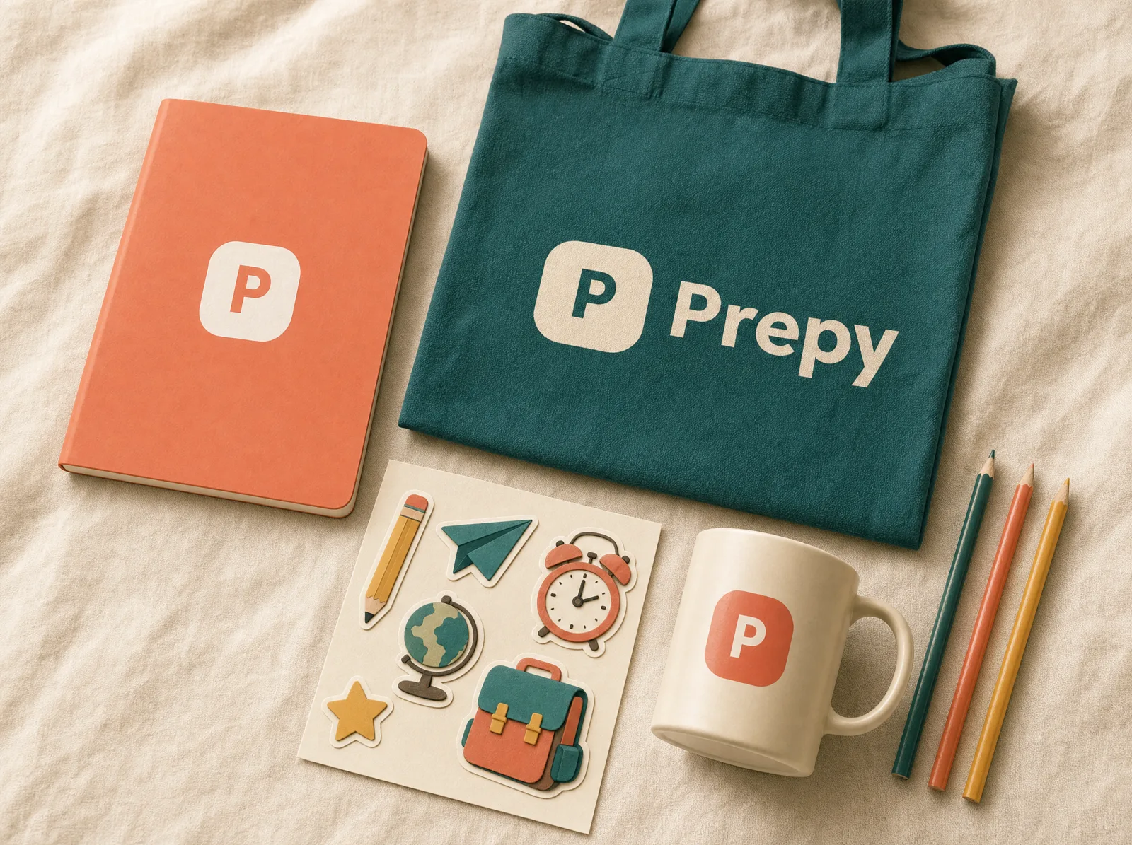 Un carnet corail, un tote bag sarcelle, un mug et des gommettes aux couleurs de Prepy